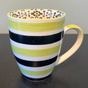 COST PLUS WORLD MARKET Mug ~ Lime Green, White & Black Stripes ~ Floral Interior